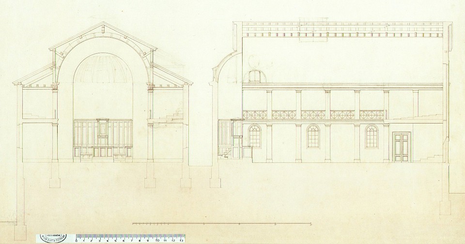 Plan de coupe transversale et longitudinale, dessin de Brocher, 1833, (CIG)