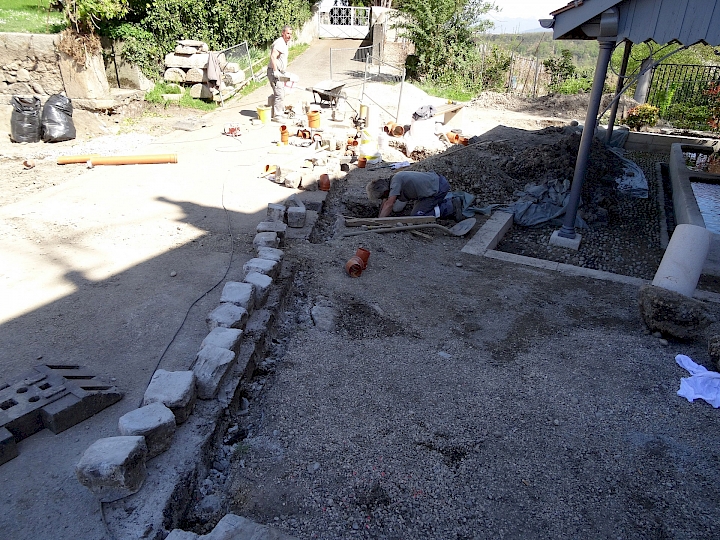 Rehaussement de 25 mm de la bordure en pavé grès, afin de diriger les eaux pluviales du chemin vers les grilles découlements. Installation d'un réseau de canalisations pour drainer les eaux de surfaces autour de l'esplanade et le long du chemin.