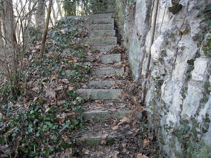 Affaissement de l’escalier et du mur de soutènement du côté forêt.
